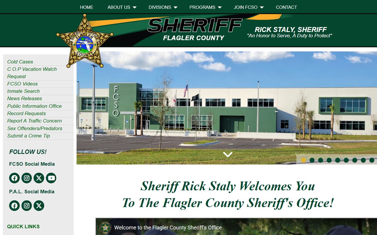 Flagler County Sheriff's Office website showing contact information for jail records