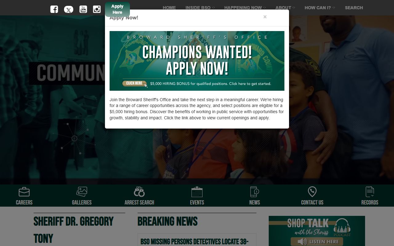 Broward Sheriff's Office website showing arrest search and inmate information