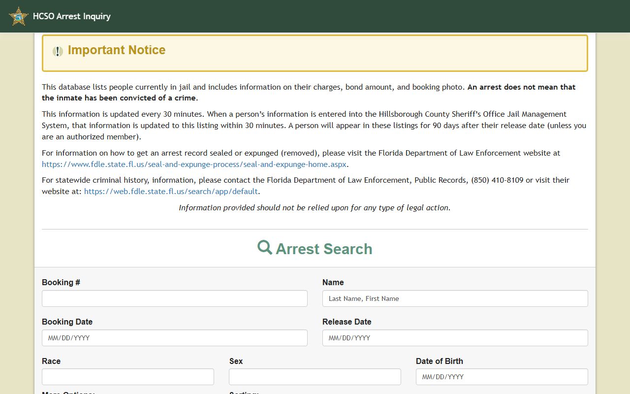 Hillsborough County Sheriff's Office website showing arrest inquiry system