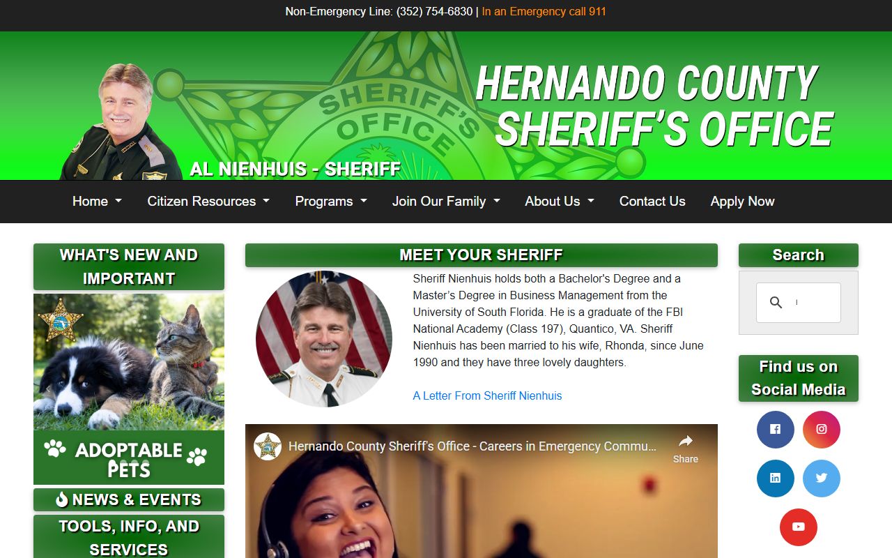 Hernando County Sheriff's Office website showing inmate search and jail information