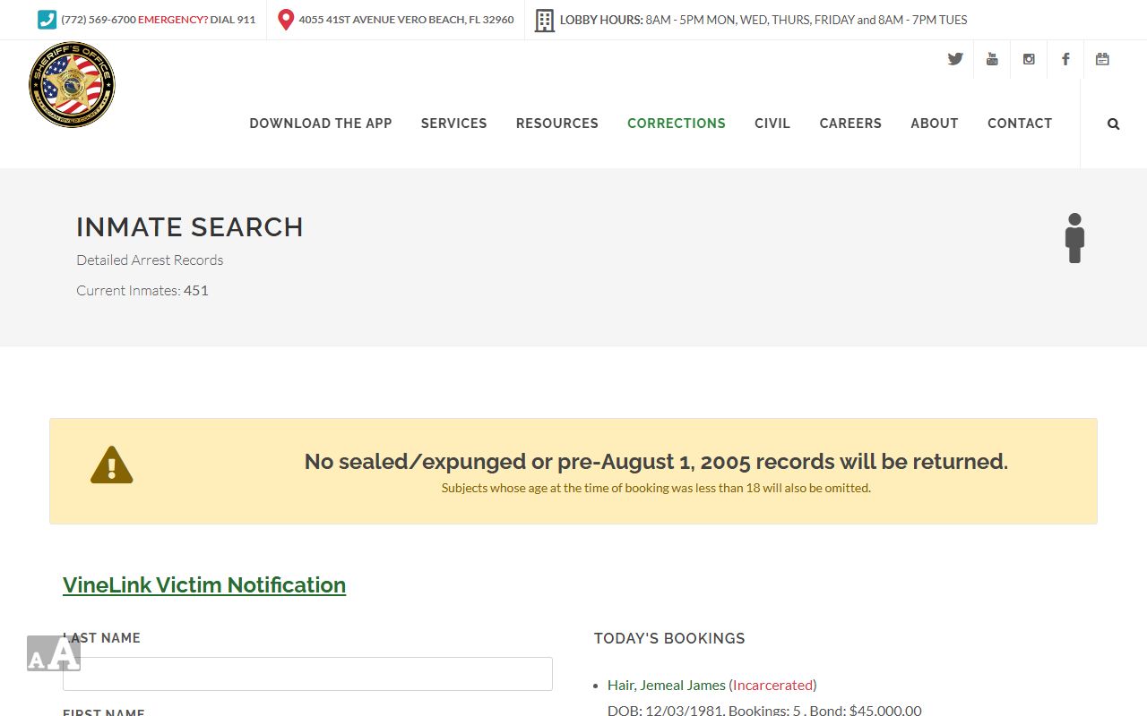 Indian River County Sheriff's Office website showing inmate search functionality