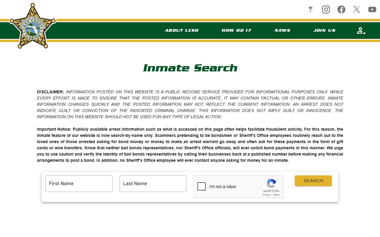 Lake County Sheriff's Office website section showing jail information