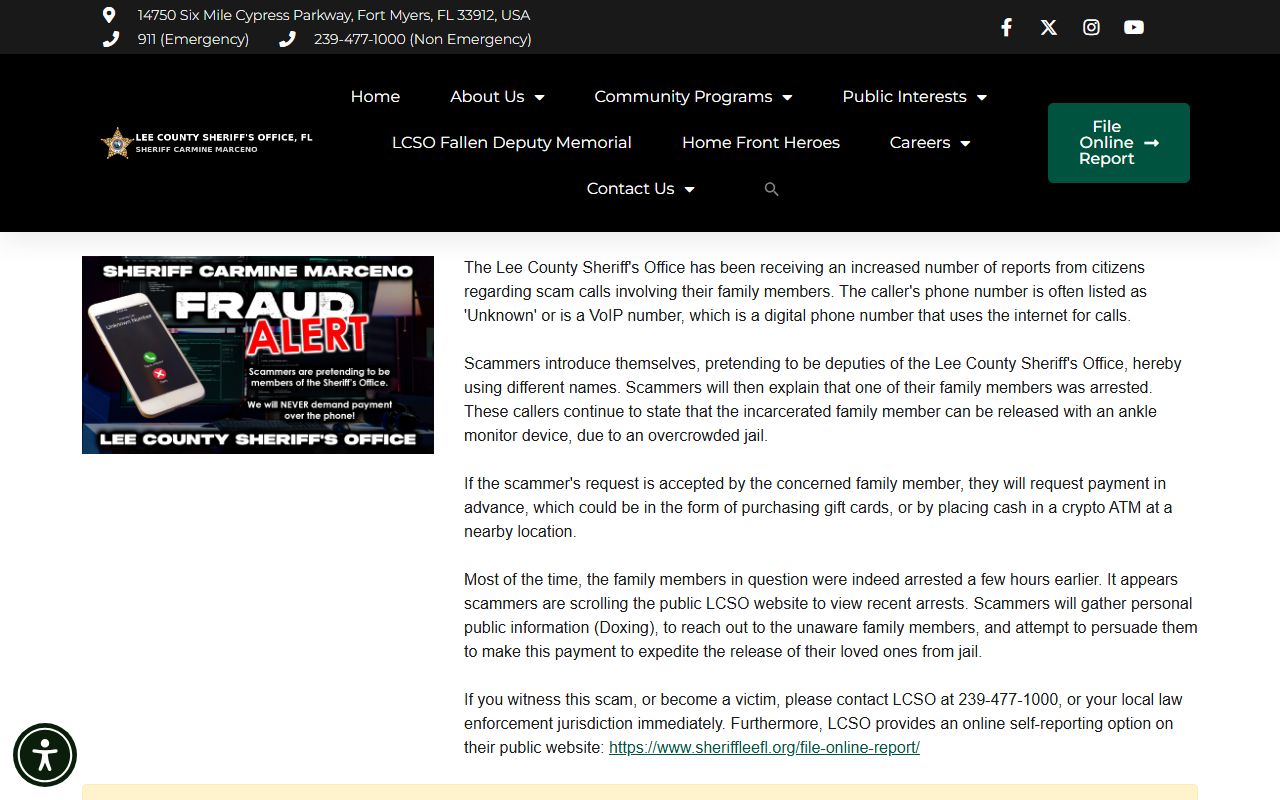 Lee County Sheriff's Office website section with jail resources