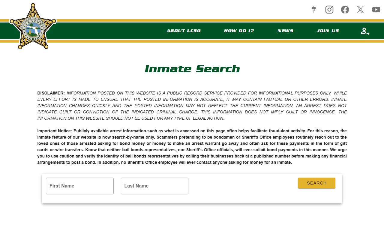 Lake County Sheriff's Office inmate search system showing jail roster