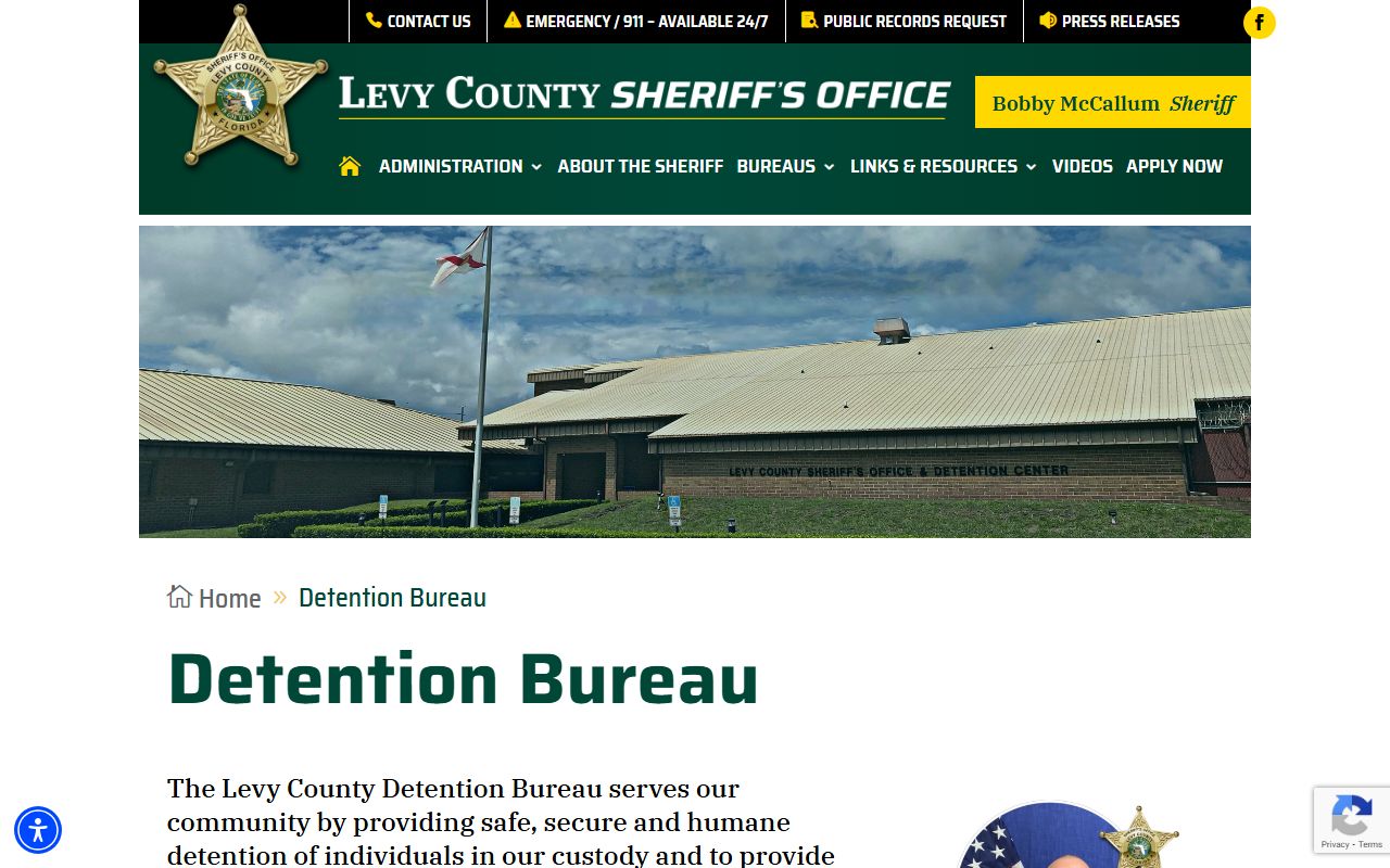 Levy County Sheriff's Office Detention Bureau website showing jail information