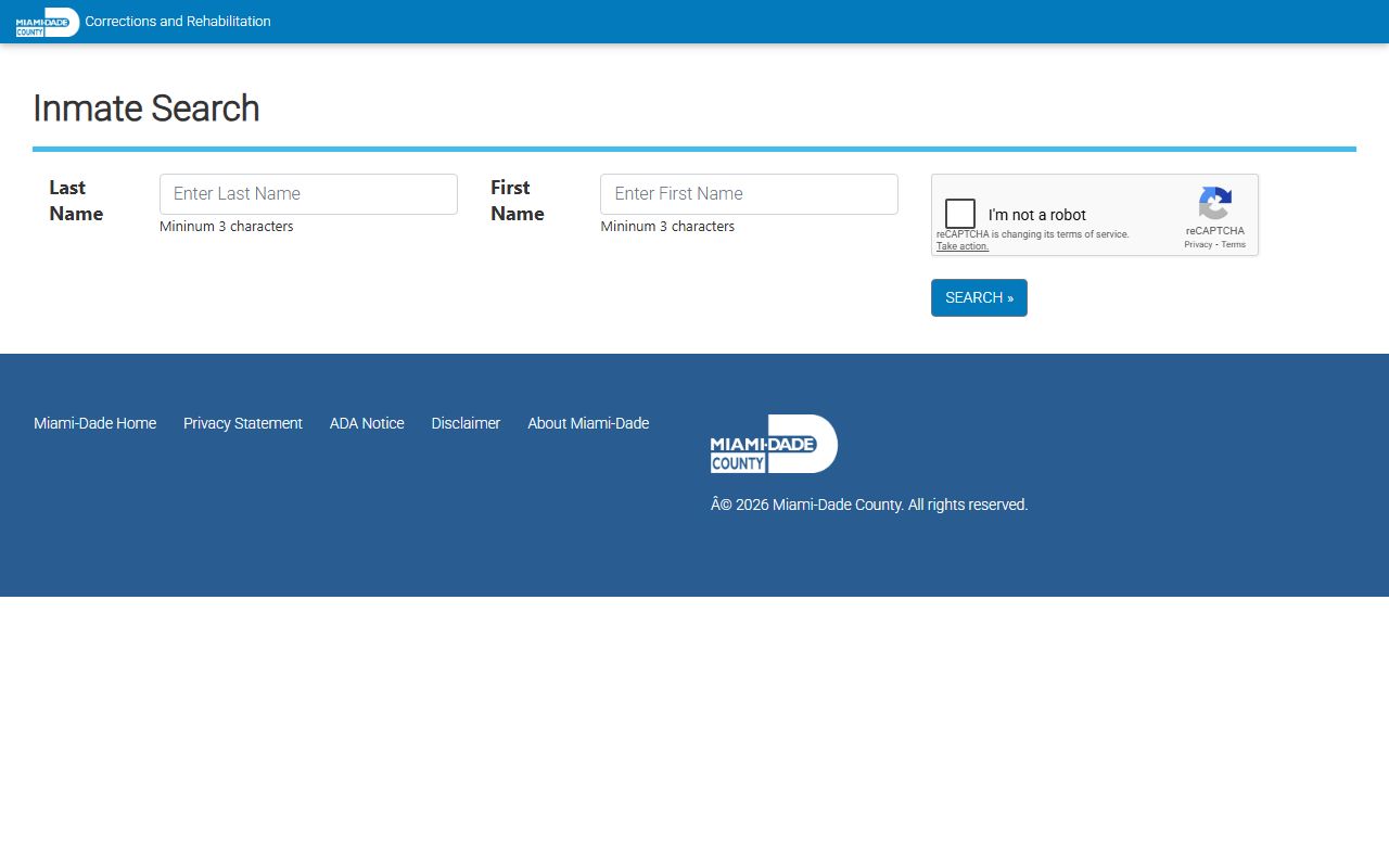 Miami-Dade County Corrections website showing inmate search