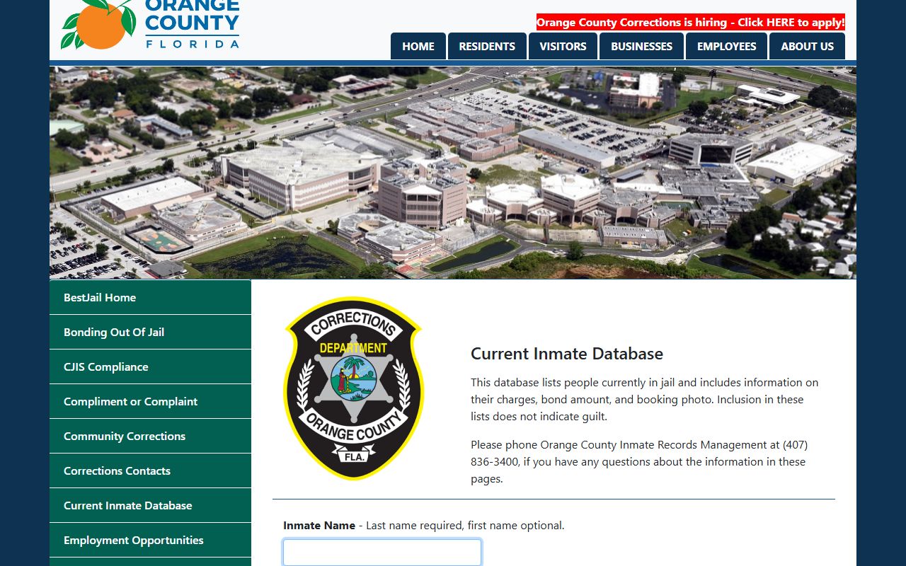 Orange County Corrections website showing inmate search system