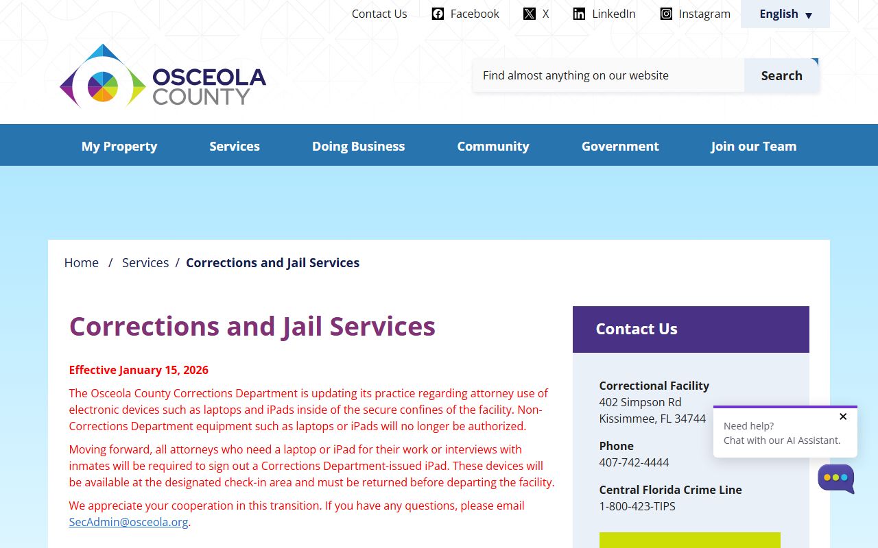 Osceola County Corrections website showing inmate database
