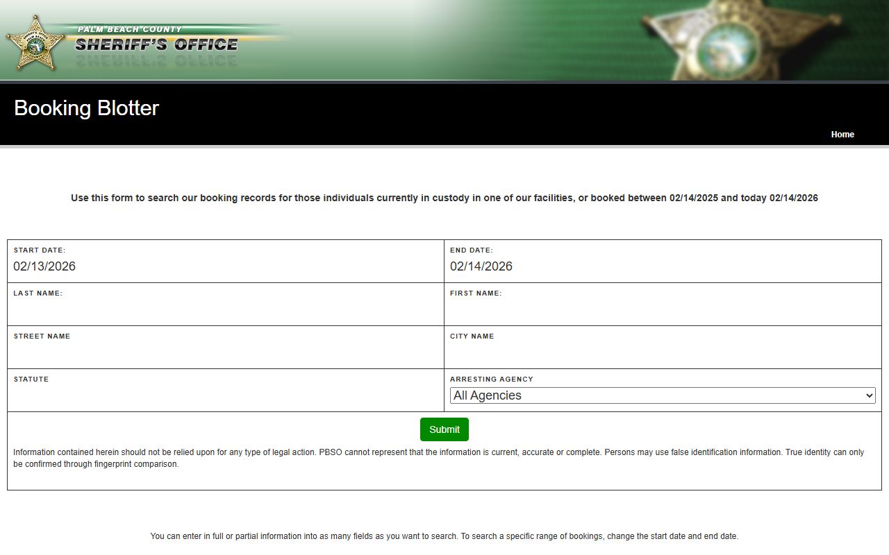 Palm Beach County Sheriff's Office booking blotter showing arrest records