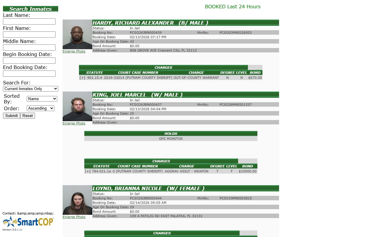 Putnam County Sheriff's Office website showing inmate search and jail roster