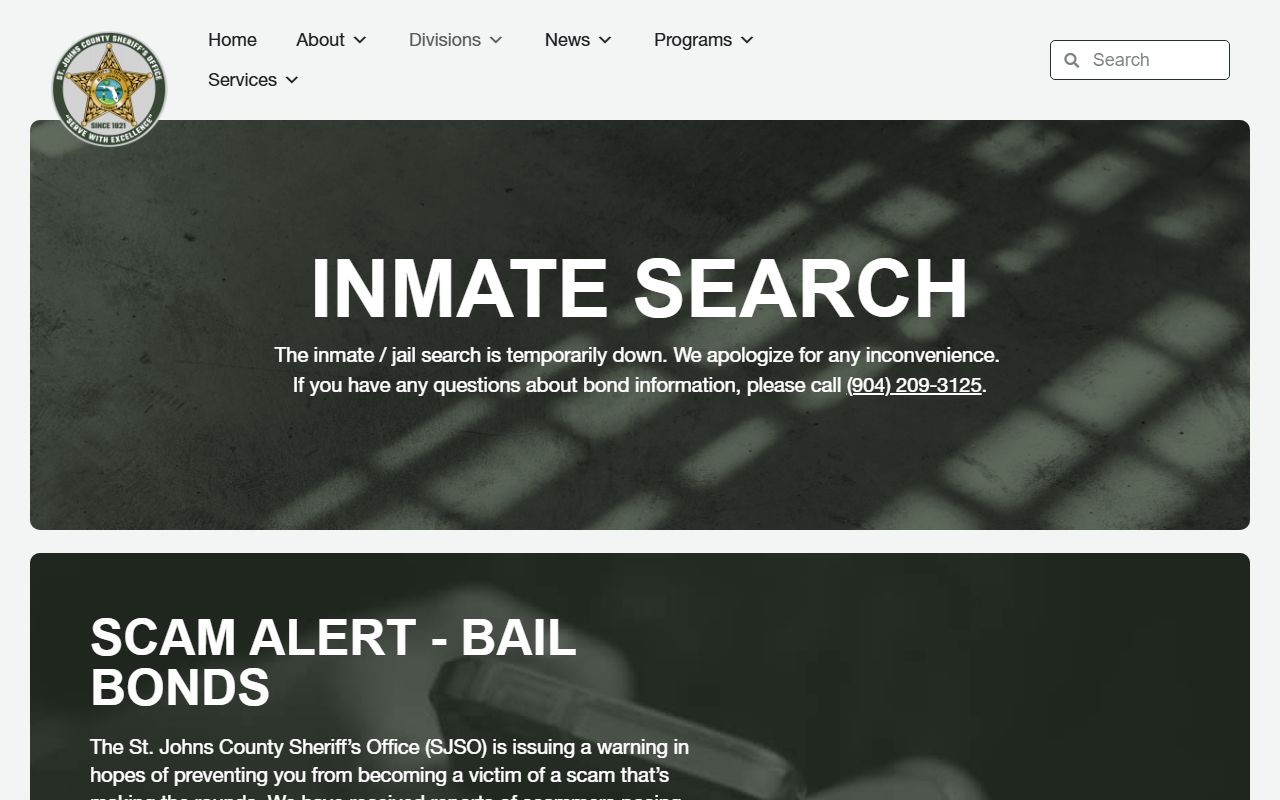 St. Johns County Sheriff's Office website showing inmate search and jail roster