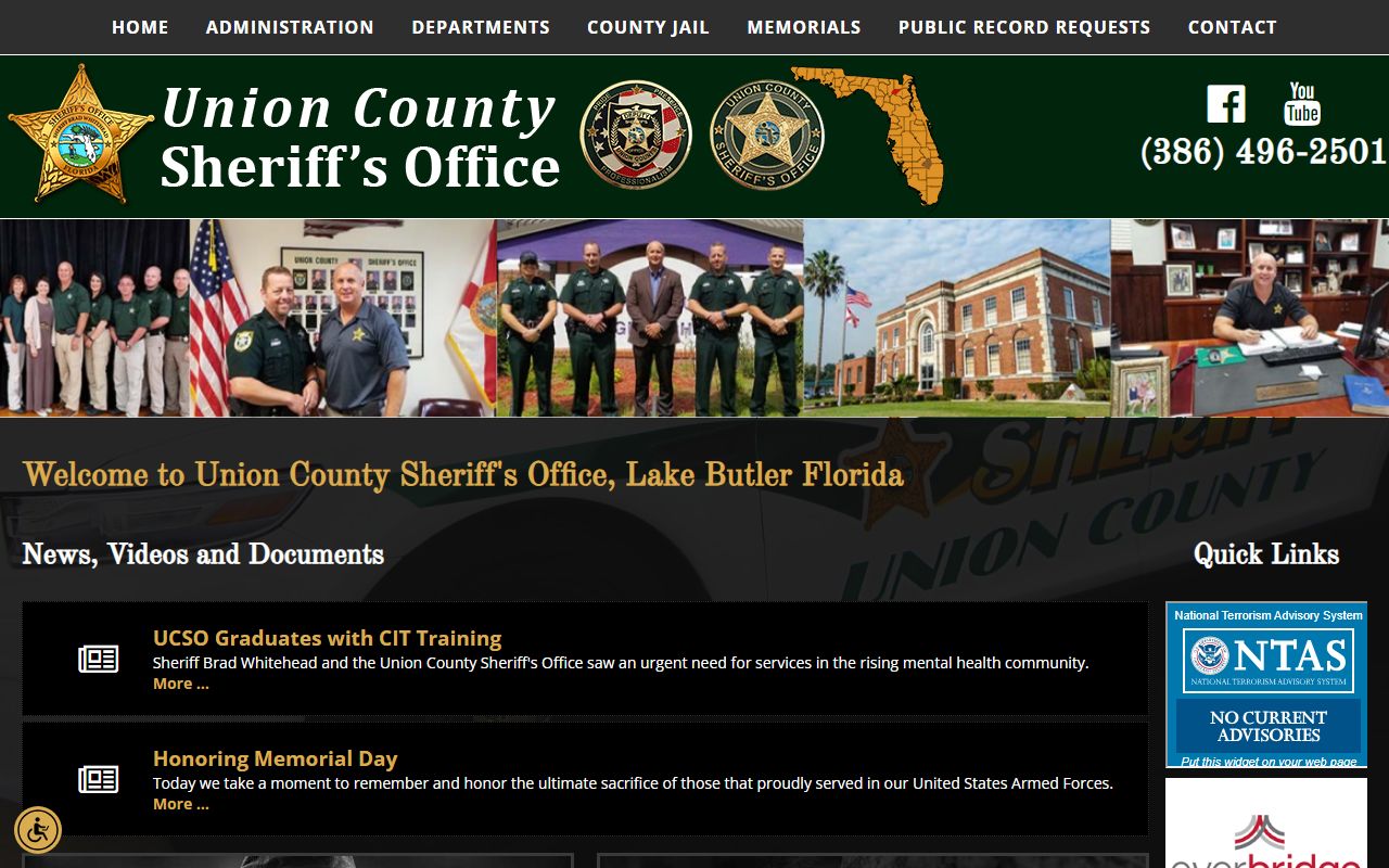 Union County Sheriff's Office website showing contact and service information