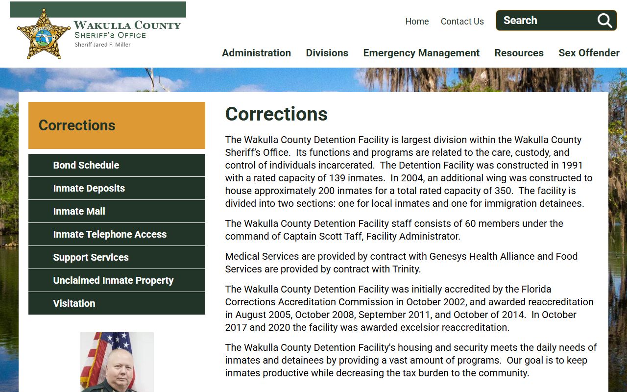 Wakulla County Sheriff's Office website showing corrections division information