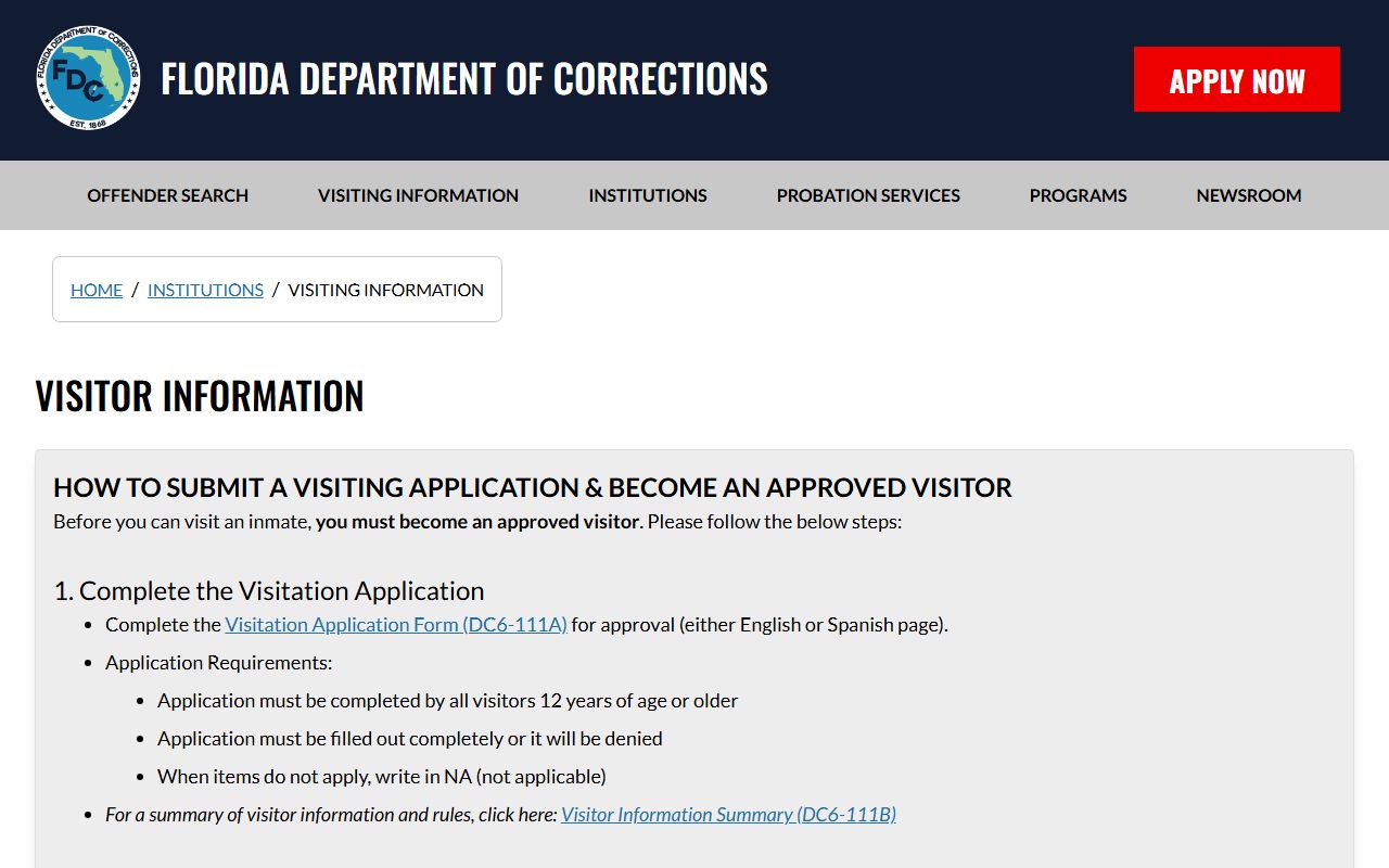 FDC Visiting Information page for Florida inmate visitation