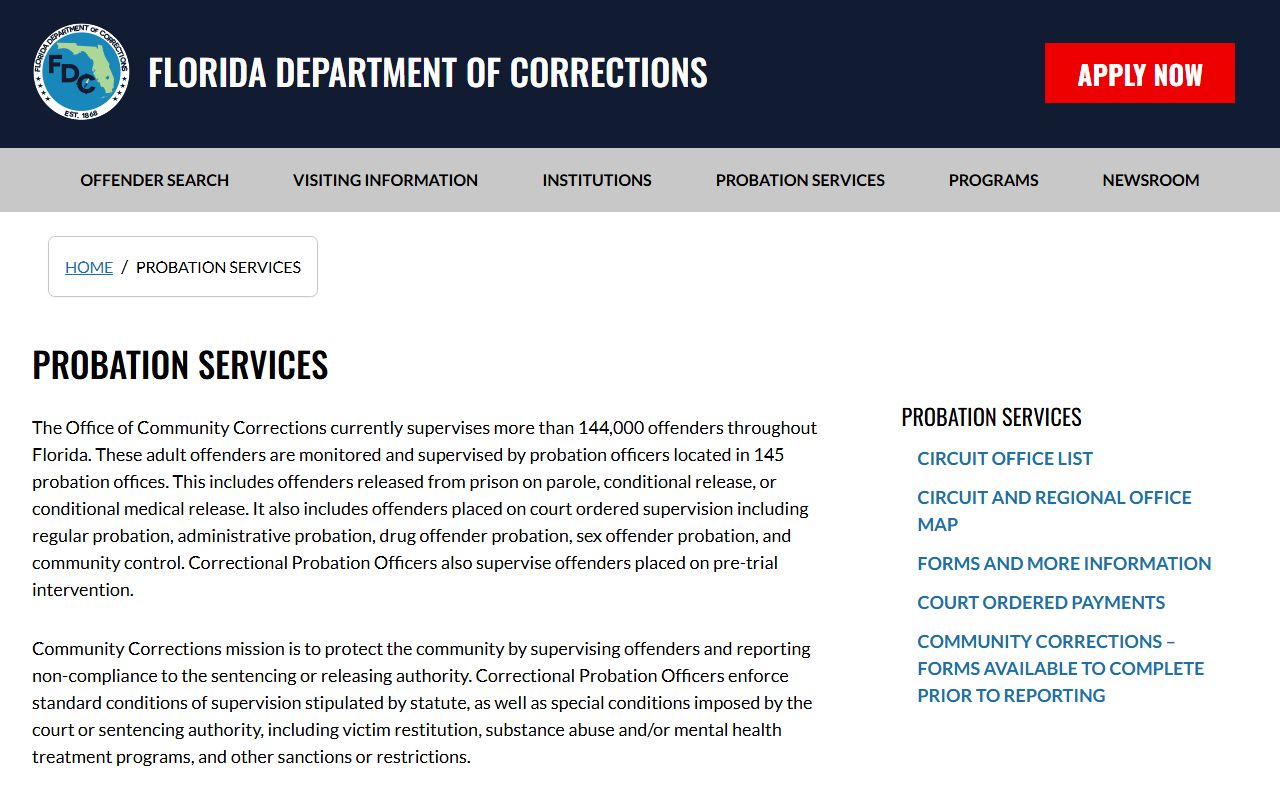 FDC Probation Services page for Florida offender supervision