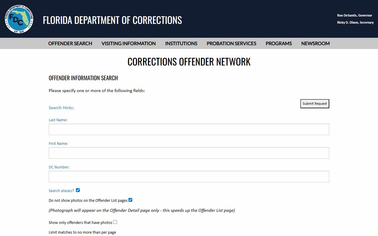 FDC Inmate Population Search form for Florida jail roster lookup