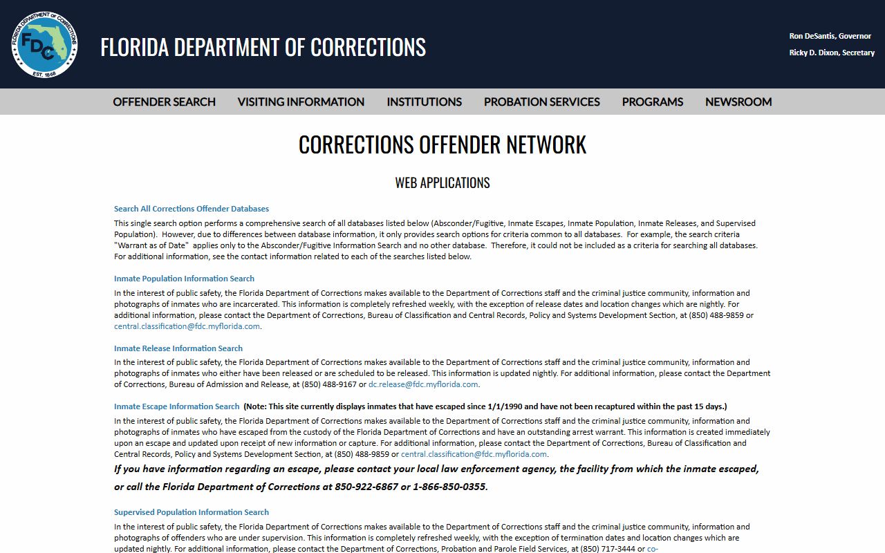 FDC Offender Search main menu showing Florida inmate records database options