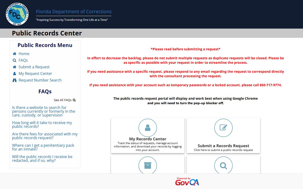 FDC Public Records Request Portal for Florida inmate records
