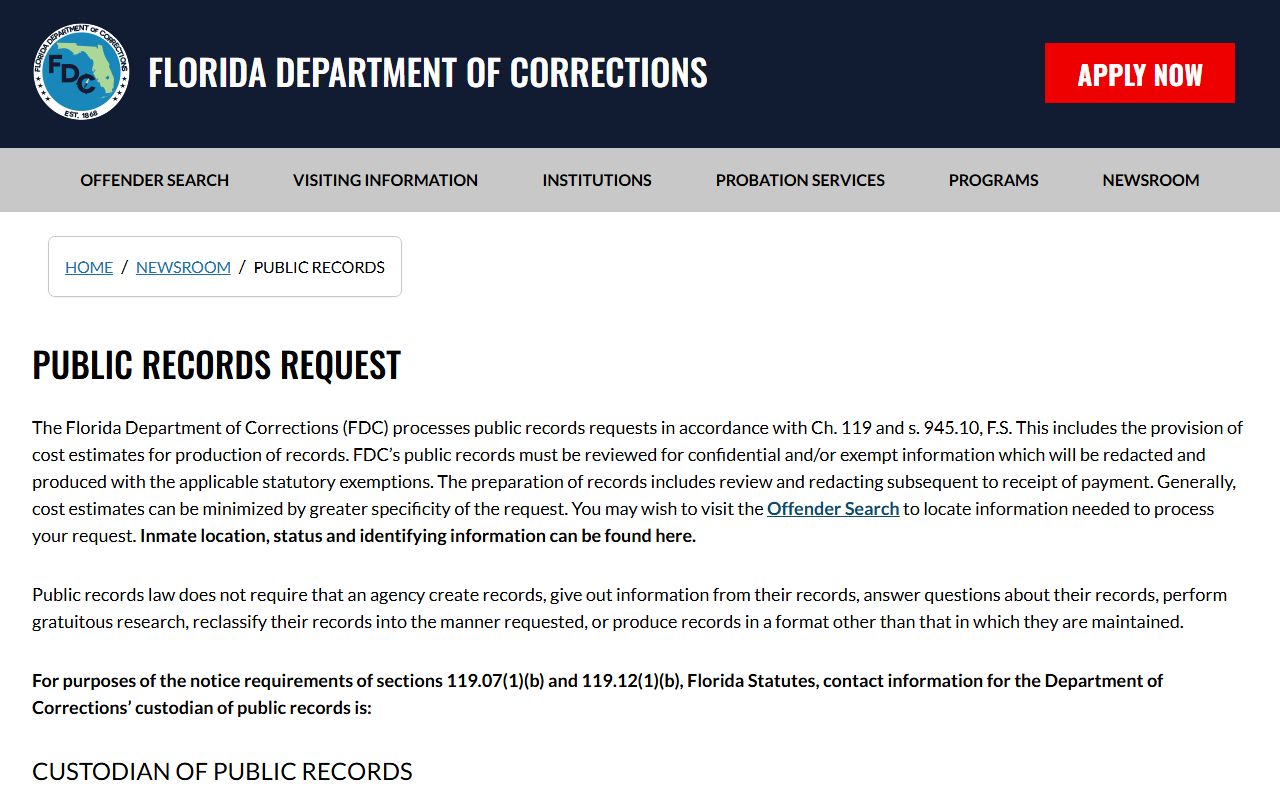 Florida Department of Corrections public records information page showing jail roster access