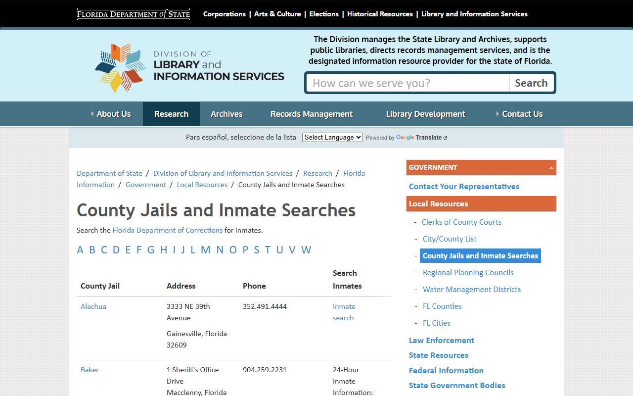 Florida Department of State county jail and inmate search resource page