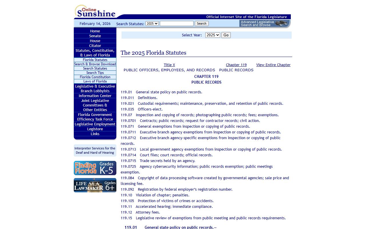 Florida Statute Chapter 119 public records law for jail roster access
