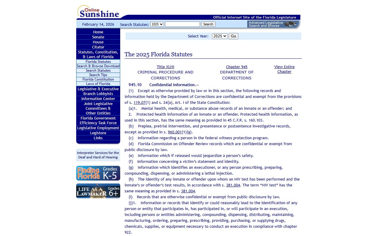 Florida Statute Section 945.10 confidential inmate records exemptions